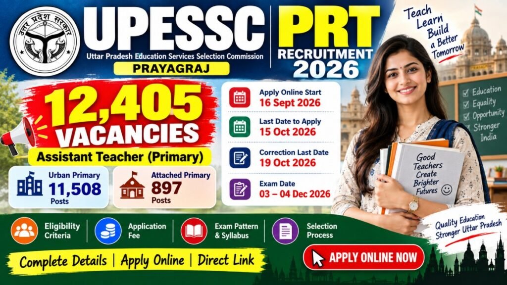 UPESSC PRT Recruitment 2026 for 12,405 Assistant Teacher posts. Check eligibility, dates, fee, syllabus, exam pattern, notification and apply online.